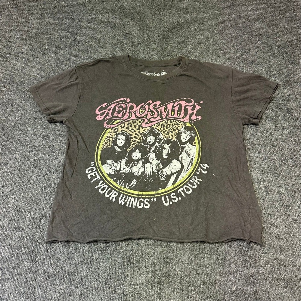 Aerosmith T-Shirt Womens Size M Gray Get Your Wings 1974 Tour Graphic Raw Hem